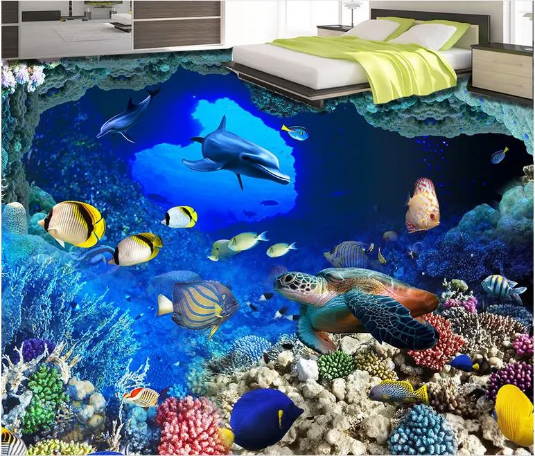 bathroom wallpaper Ocean World beach surf Dolphin 3D floor tiles three-dimensional painting