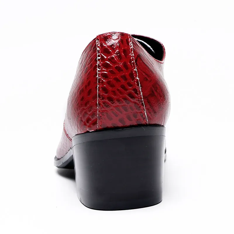 British Men Dress Shoes Red Pointed Toe Crocodile Pattern Leather Shoes Man Lace Up Stylish Wedding Shoes