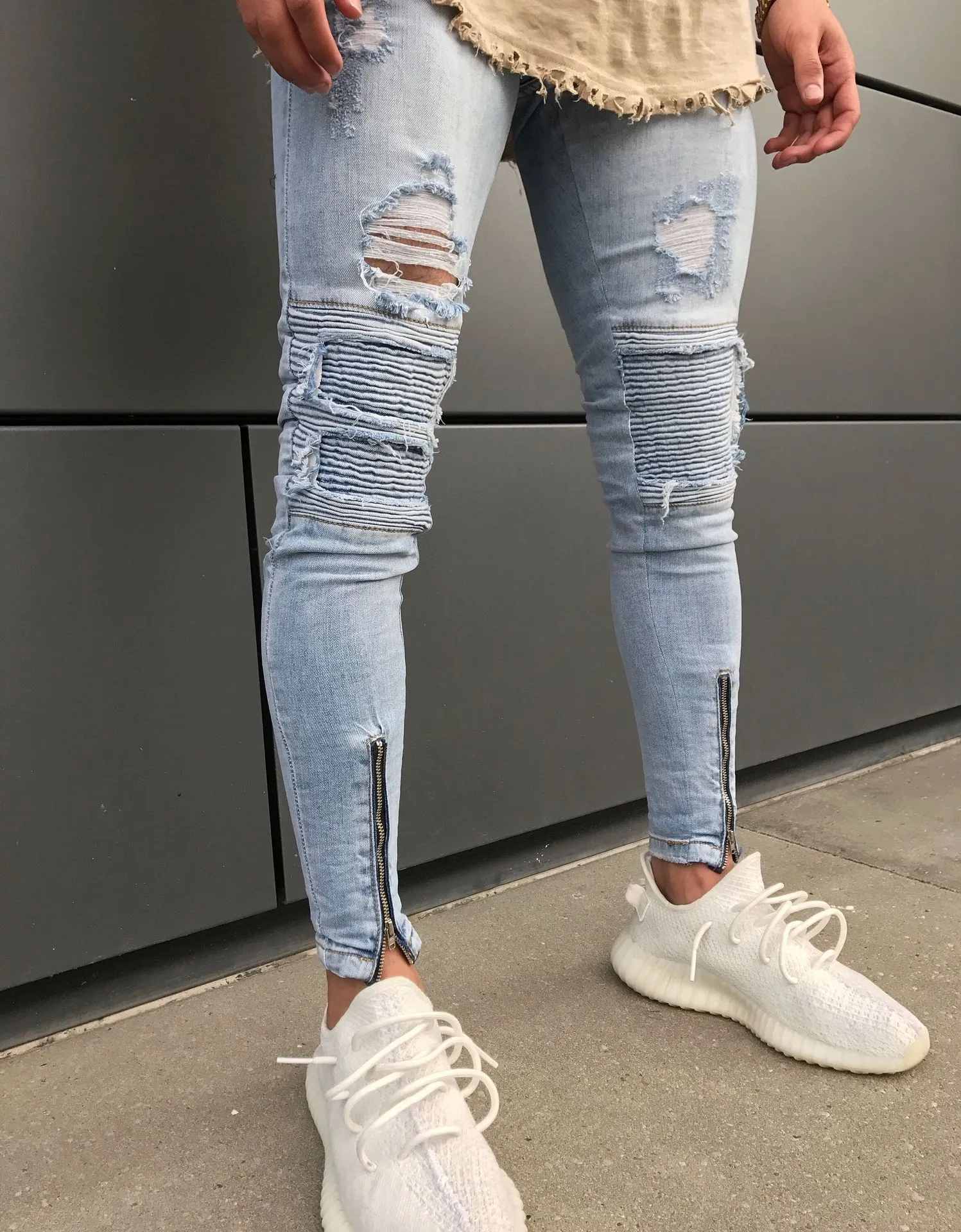 Fashion Mens Skinny Jeans Ripped Slim Fit Stretch Denim Distress Frayed Jeans Boys Patterns Pencil Trousers193z