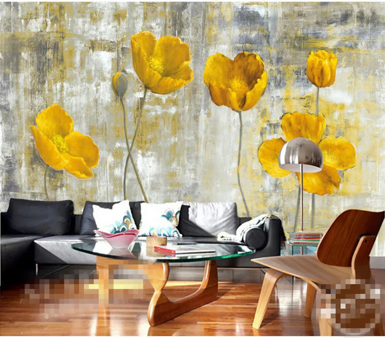 Żółty kwiat po tapety malowidła ścienne salon sypialnia ścienna sztuka wystrój domu malarstwo papierowe Peint 3D kwiatowy papier ścienny3039552