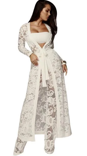 2018 Jesienne stroje Koronki 3 Piece Set Kobiety Long Cardigan + Crop Top + White Lace Spodnie Zestaw Trzyczęściowe Stroje Kobiet DW684