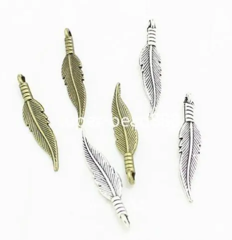 Breloques en forme de plumes en alliage, argent Antique, bronze, pendentif pour collier, résultats de fabrication de bijoux, 7x32mm, 100 pièces/lot