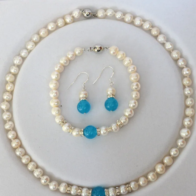 Handgjorda 7-8mm Vit Pearl Aquamarine Halsband Blå Armband Örhängen Ställ 18 "Mode smycken