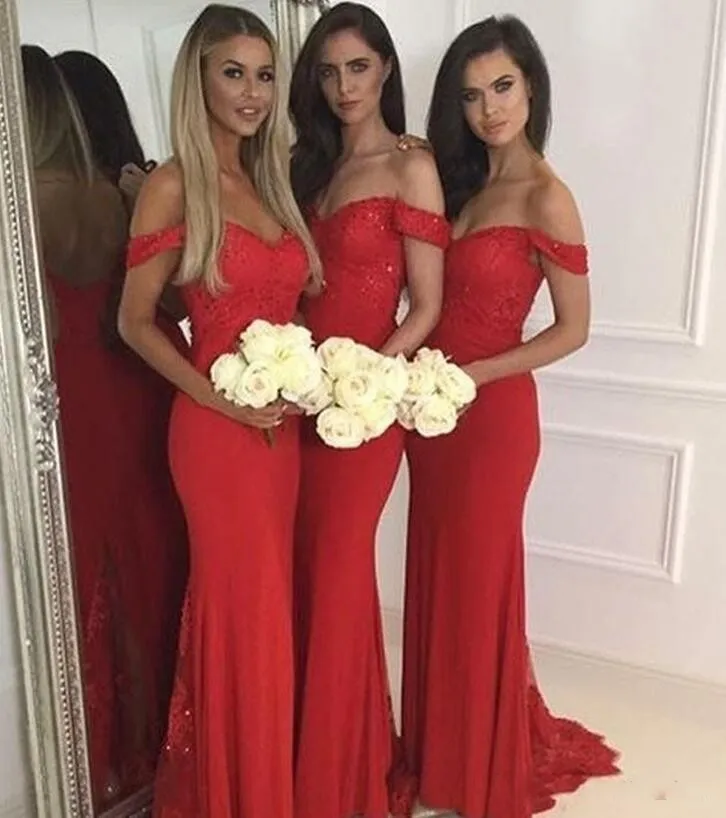 2018 Barato Vermelho Fora Do Ombro Longo Vestidos de Dama De Honra Para O Laço Do Casamento Applique Sereia Frisado Zipper Voltar Custom Sweep Train Vestidos de Dama de honra