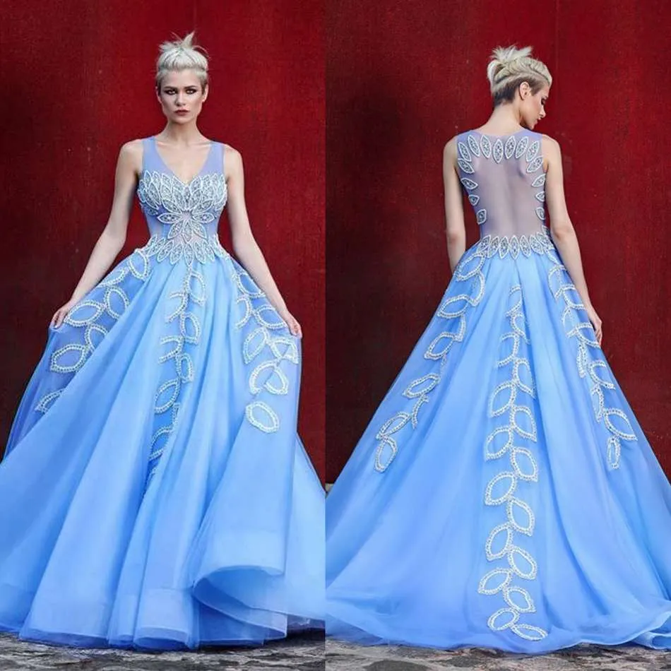 Light Sky Blue A Line Prom Dress With Beaded V Neckline, Sweep Train ...