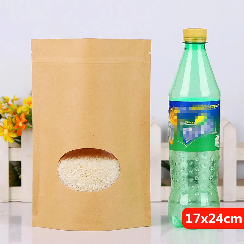 17x24m Stand Window Clear Showcase Kraft Paper Zip Lock Grip Packaging Food Bag Baking Candy Snacks Tea Heat Sealing Reusable Package Pouch