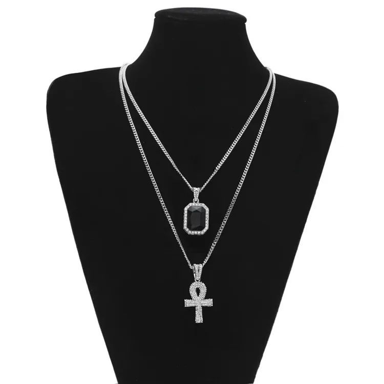 Egyptische Ankh Sleutel van Leven Bling Strass Kruis Hanger Met Rode Robijn Hanger Ketting Set Bling Bling Mannen Mode Hip Hop Sieraden