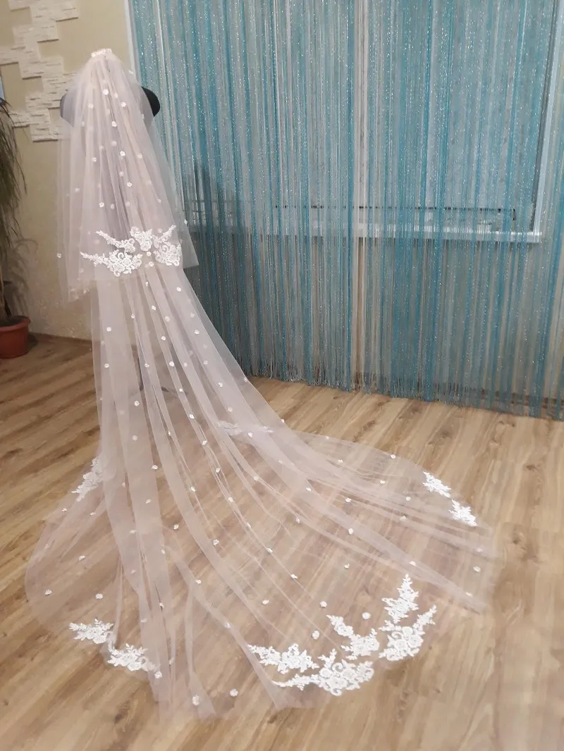 Custom Made Lace Appliques Two Layers Wedding Veils With 3D Flowers Bridal Hair Accessories 3 Meters Long Headpieces