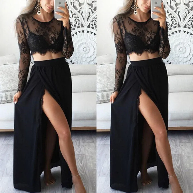 Black lace skirt see through top
