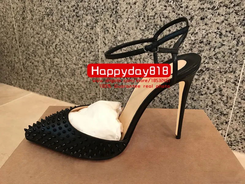 Dorywczo projektant Sexy Lady Moda Kobiety Buty Czarny Matt Skórzane kolce Spiczaste Toe Stiletto Stripper High Heels Slingback Zapatos Mujer Prom Evening Pompy