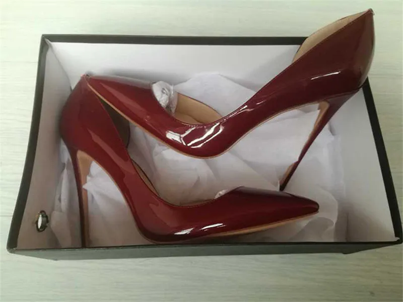 Free Fee Style Burgundy Patent Leather Point Toe High Heels Skor Stövlar Pumpar 120mm 100mm Äkta Läder