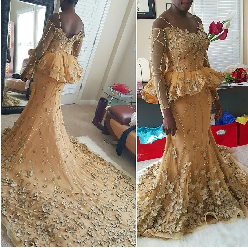 Petali 3D Sirena Prom Dreses Sexy scollo a V maniche lunghe Paillettes Perline Tulle Sweep Train Abito da festa Moda Sud Africa Aso-Ebi Prom Dress