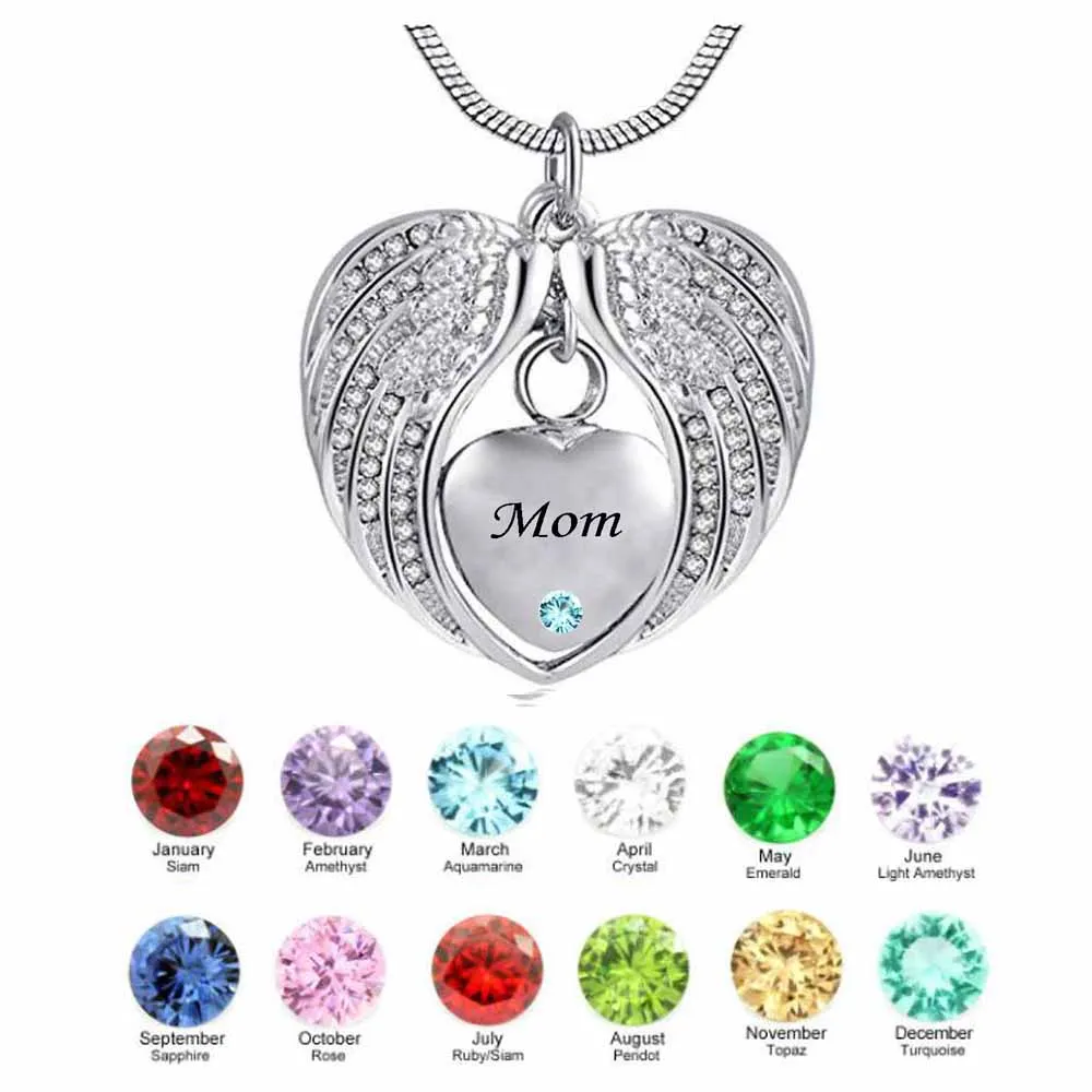 Kreativitet Mom Wing Heart Birthstone Cremation Urn Halsband för Ashes Urn Smycken Memorial Pendant