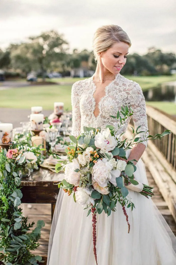 Modeste 3/4 Robes De Mariée À Manches Longues Dos Ouvert Vintage Dentelle Col En V 2018 Pays Jardin Bobo Robes De Mariée De Mariée