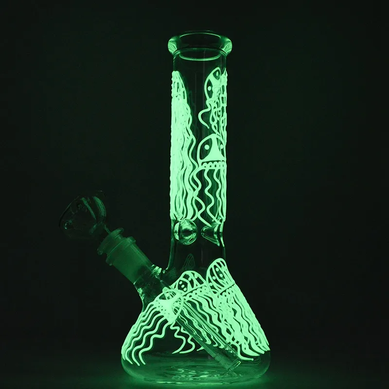 Glow In The Dark Bong Jellyfish Pattern Glass Beaker Bongs Water Pipe Straight Tube Oil Dab Rig GID04