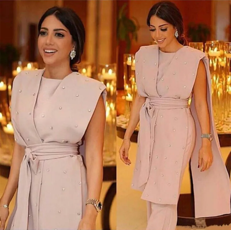 2020 Cape Saten Jumpsuit Kuşaklar Pembe Abiye Modern Boncuk Örgün Suit Parti Modelleri Özel Yapılan Özel Durum Elbise