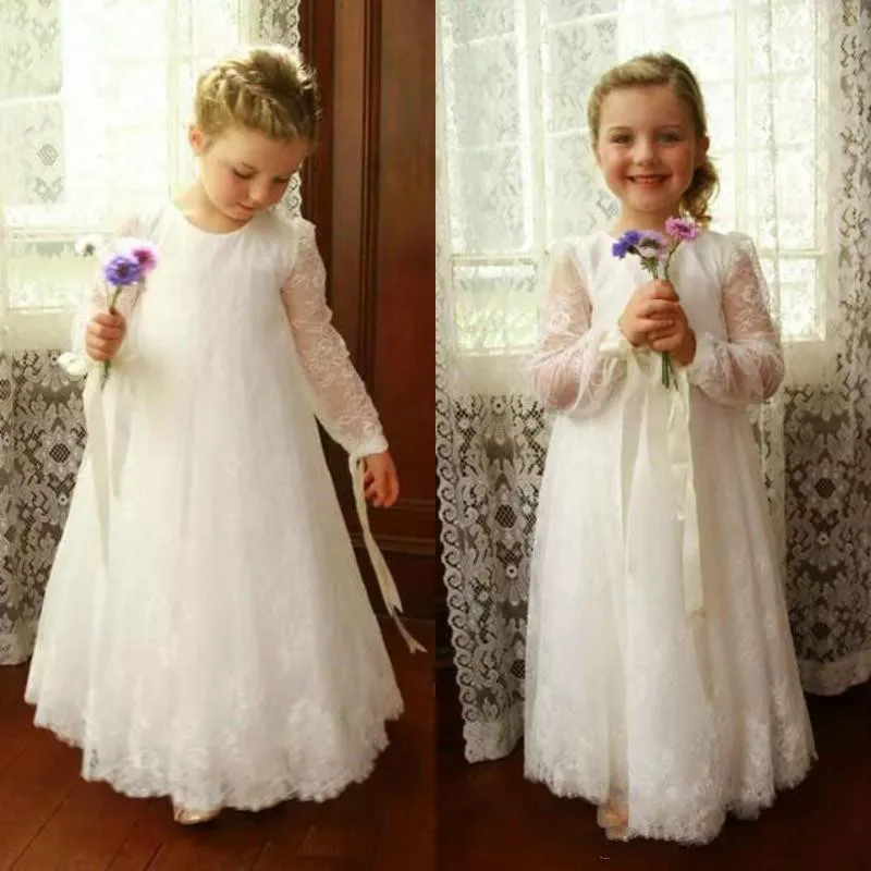 Härlig långärmad spets vita tjejer pageant klänning golv längd 2018 tjej kommunion klänning barn formell slitage blomma tjejer klänningar för bröllop