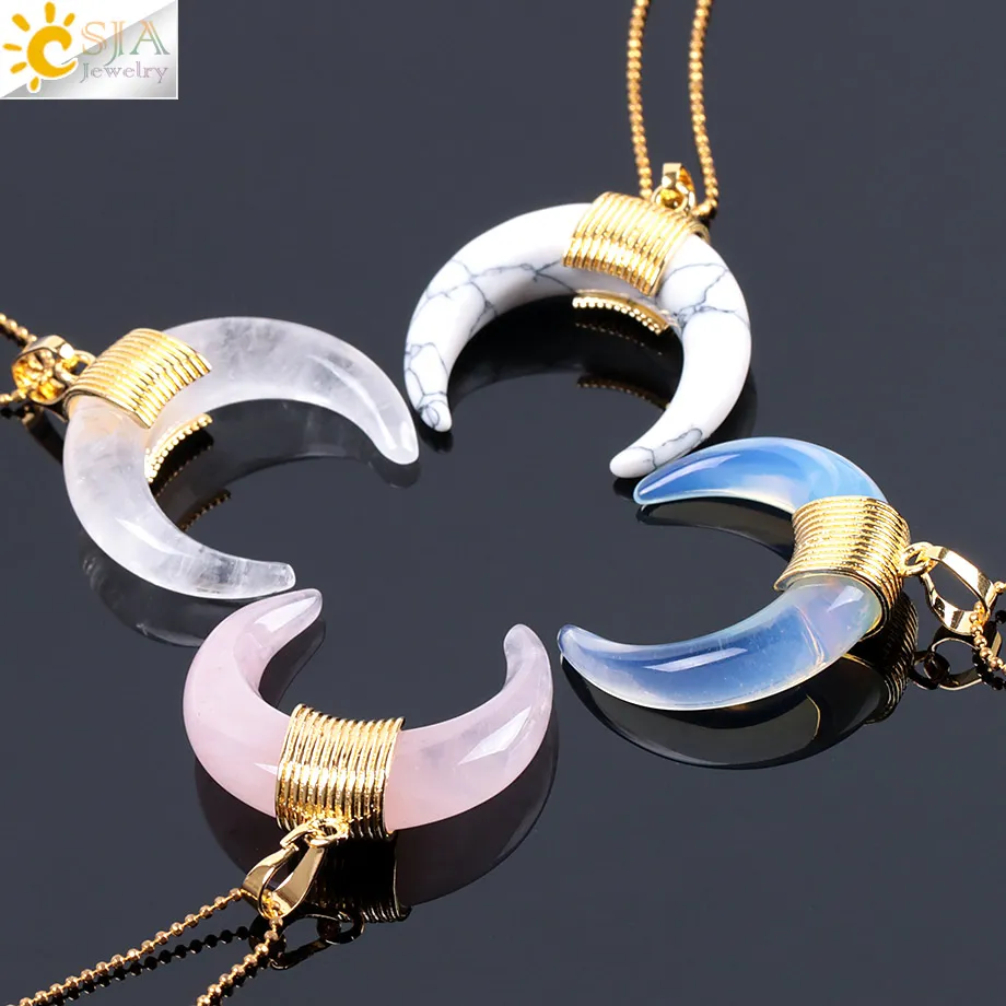 CSJA Natural Stone Crescent Half Moon Necklace Pendant with Chain Gold Color Wire Wrapped for Women Rose Quartz Crystal DIY Jewelr263c