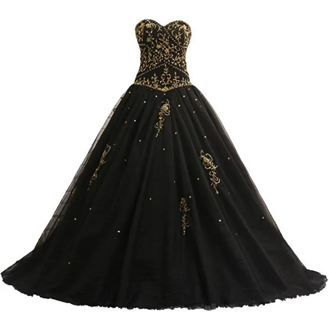 Gotische schwarze Ballkleid-Brautkleider mit Goldstickerei, Korsett, Schnürung am Rücken, Prinzessin, Vintage, nicht weiß, bunte Brautkleider nach Maß