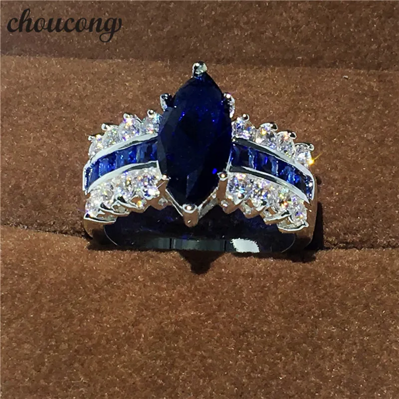 Choucong Marquise Cut Blue 5ct Diodyque CZ 925 Sterling Silver Engagement Wedding Band Pierścień dla kobiet mężczyzn prezent