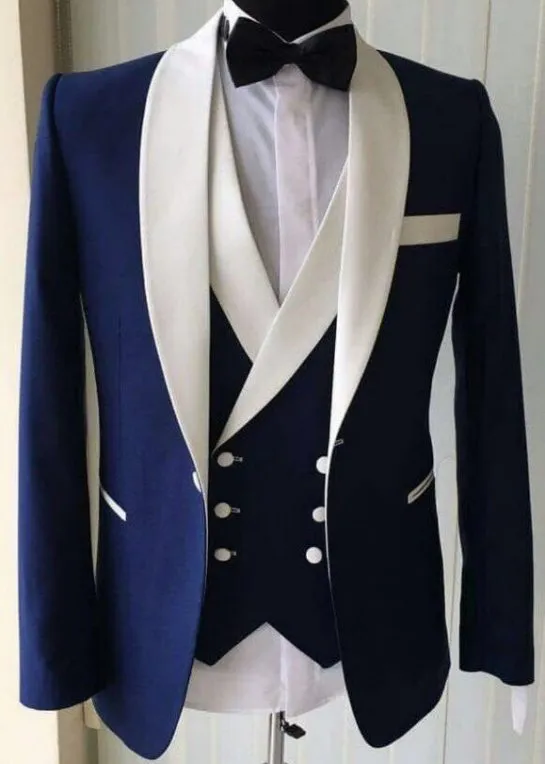 Fashionable One Button Blue Wedding Groom Tuxedos White Shawl Lapel Groomsmen Men Suits Prom Blazer (Jacket+Pants+Vest+Tie) NO:1903
