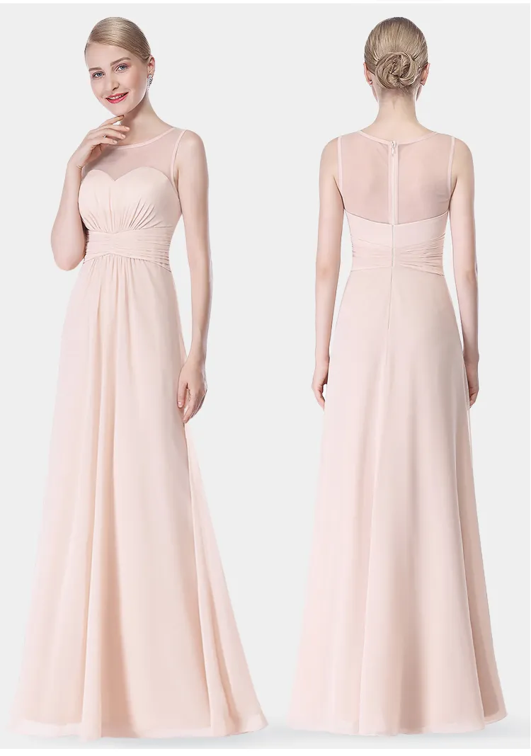 Röd brudtärna klänningar Chiffon Långt golvlängd Empire Midja Maid of Hony Jewel Neck Sheer dragkedja Back Honor Bridal klänningar Dh4222