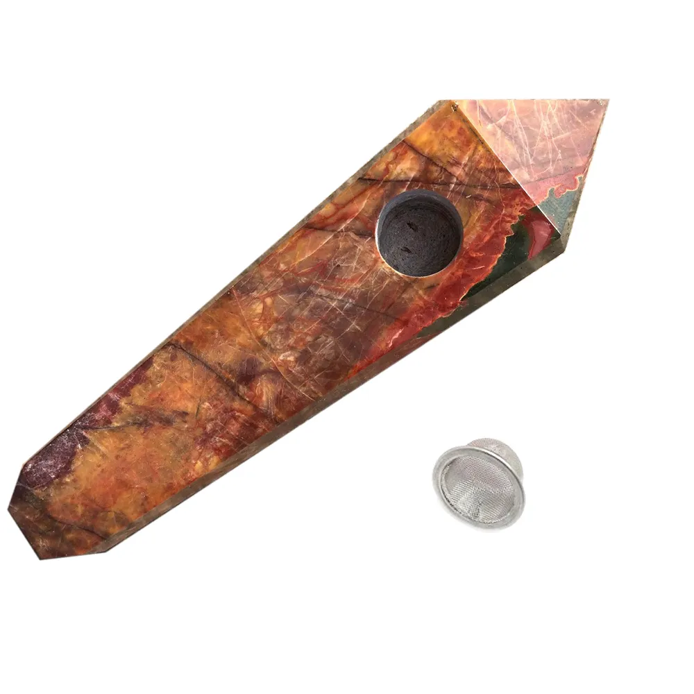 DingSheng Natural Red Jasper Quartz Pipa Crystal woodstone Giada Pietra Obelisco Bacchetta Point Sigari fossili Tubi con filtro metallico