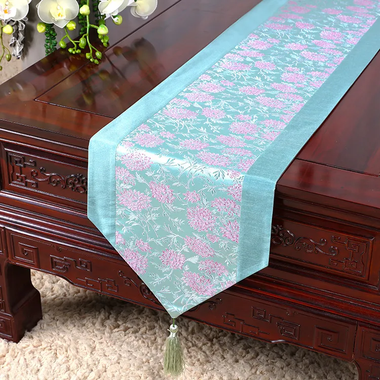 200x33 cm Koi Daisy Bamboo Pattern Chinese Silk Table Runner Dining Table Mat Decorative Christmas Table Cloth Rectangle Damask Coffee Pads