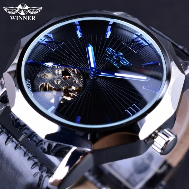 Vencedor Blue Ocean Geometria Design Skeleton Dial Transparente Mens Watch Top Marca de Moda Automática Mecânica Relógio Relógio