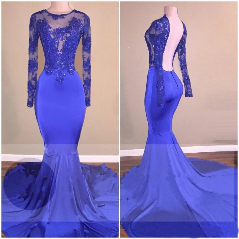 Royal Blue Mermaid Prom klänningar Långt rygglösa långa ärmar Formella aftonklänningar för afrikansk svart tjej plus storlek på kvällsklänningar