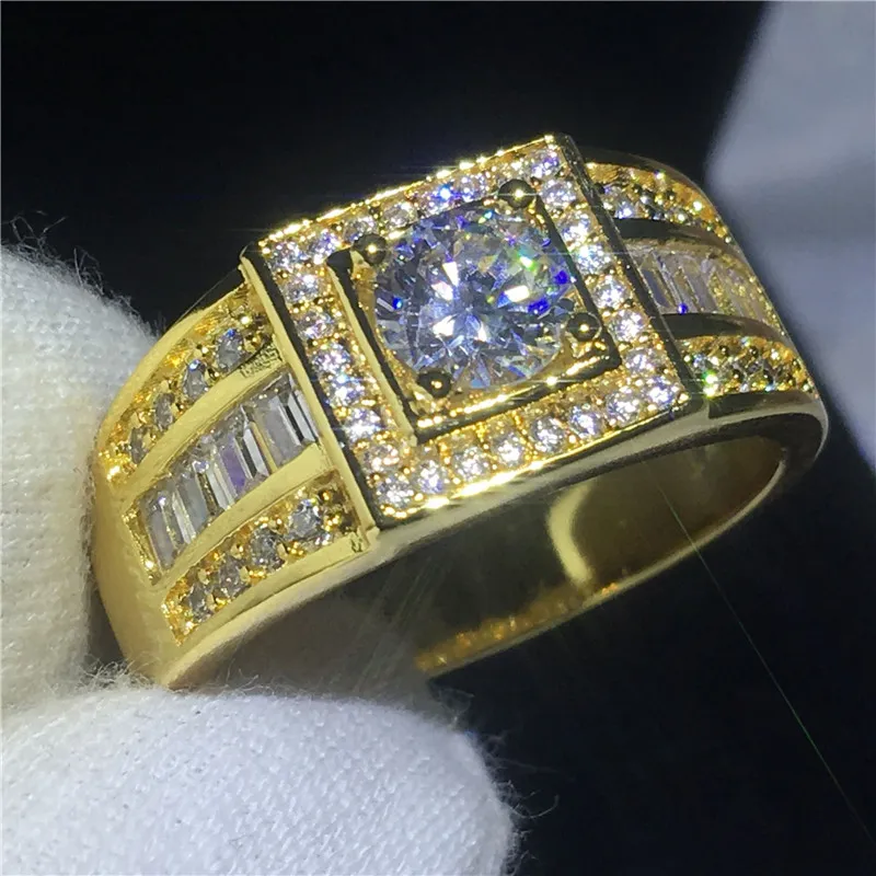 2018 Solitario Anillo masculino 10KT Oro amarillo lleno Compromiso alianzas de boda anillos para hombres gs para mujeres hombres Pave ajuste 5A zircon cz Bijoux