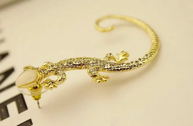 Kolczyk z kolczyka Moda Do Ear Cuff Rhinestone Kolczyki Douszne Mankiety Luksusowe Złoty Posrebrzane Przesadzone Gecko Lizard Stud Kolczyki Kryształ Biżuteria