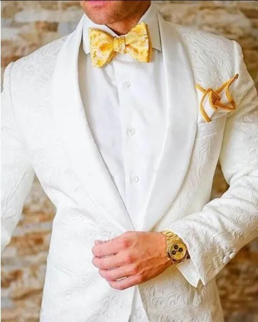 Ultimo design One Button Scialle Paisley bianco Risvolto Smoking da sposo per matrimonio Uomo Abiti da sposo per feste (giacca + pantaloni + cravatta) K32
