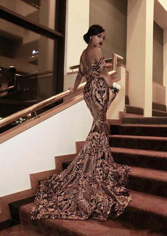 2018 New Luxury Ouro preto Vestidos de Noite Sereia off ombro Sexy Vestidos de Noite Africano Vestidos de Ocasião Especial Vestidos de Noite