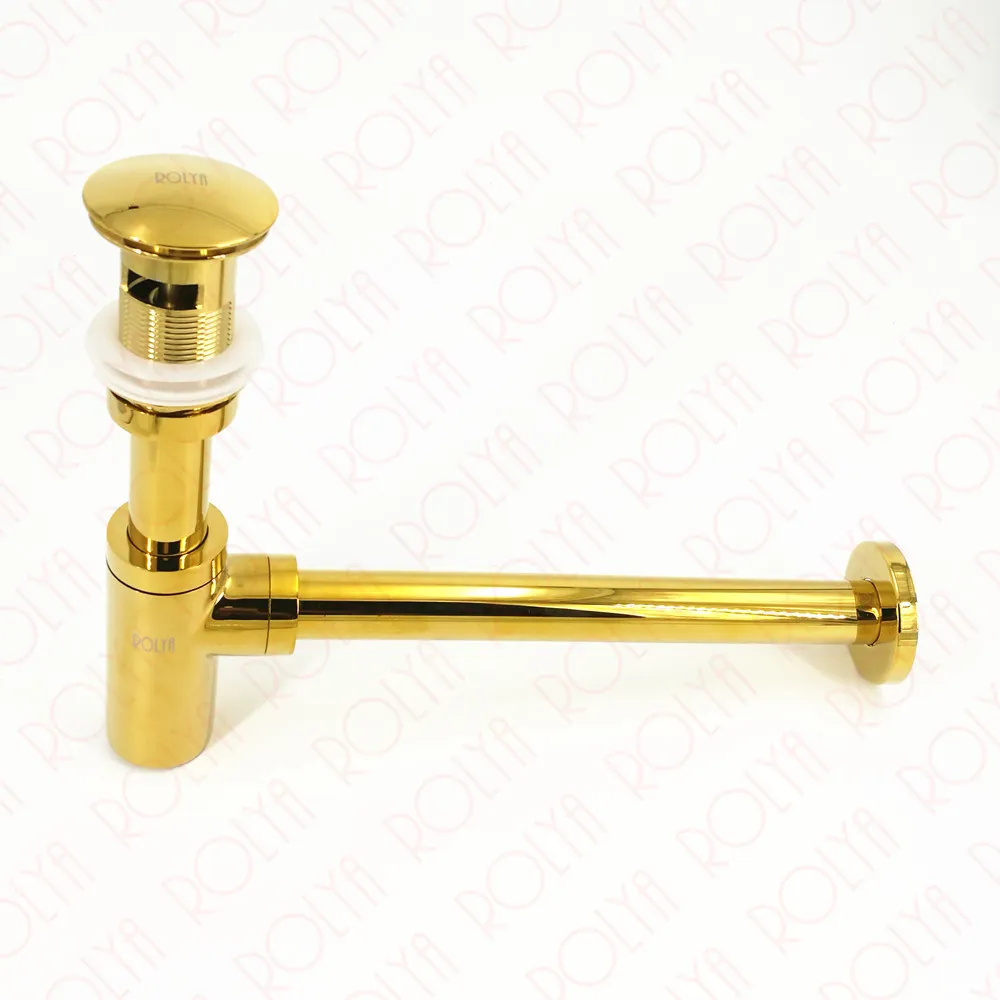 Rolya Wholesale New Arrival Solid Brass Round Golden Plate Bottle Trap Pop Up Gold Bathroom Vanity Sink Waste Drain P trap&Waste