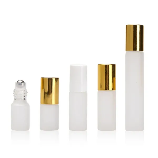 3 ml, 5 ml, 10 ml, gefrostete Rollon-Flasche mit Edelstahl-Rollerball, Roll-on-Flasche, ätherisches Öl, Duftbehälter, Röhrchenfläschchen, goldene Kappe