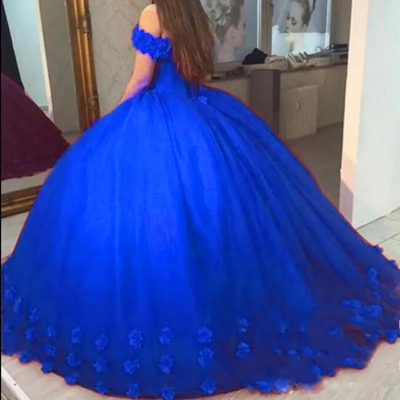 Appliques Puffy Ball Gown Quinceanera Dresses Sweet 16 Off Shoulder Tulle Lace Up Back 2019 Prom Party Pageant For Girls