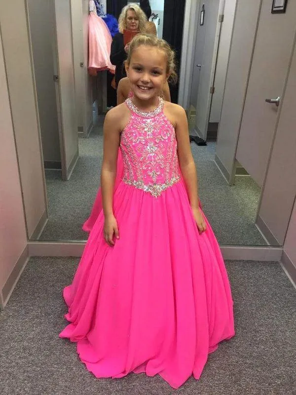 Sparkly 2018 Hot Pink Crianças Prom Vestidos Frisado Lantejoula Cristal Tripulação Vestido De Meninas Pageant Vestidos Vestidos Custom Made Da China EN2065