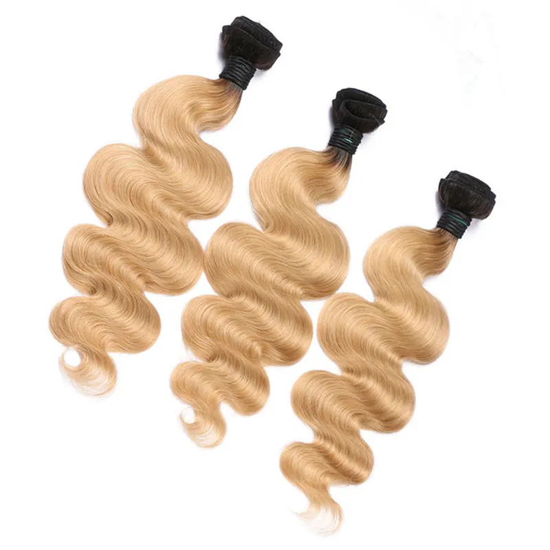 1B27 Honey Blonde Ombre Virgin Peruansk mänskliga hårbuntar handlar om spetsstängning 4x4 Body Wave Strawberry Blonde Ombre Human H5702748