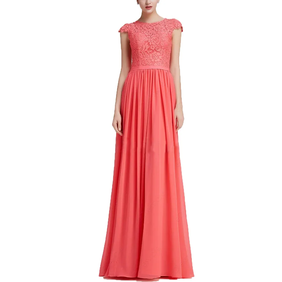 패션 간단한 레이스 산호 이브닝 드레스 저렴한 쉬폰 캡 슬리브 롱 댄스 파티 드레스 2020 여성 파티 드레스 온라인 정장 드레스