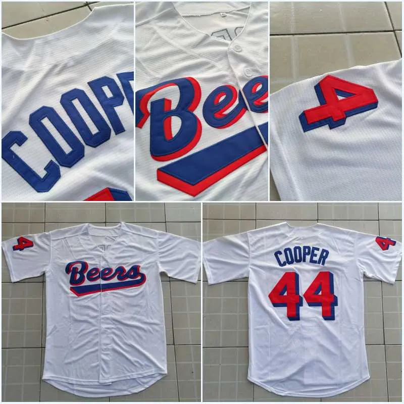 Män Joe Coop Cooper # 44 Basekeball Beers Movie Jersey Button Down White Baseball Jerseys Högkvalitativ gratis frakt