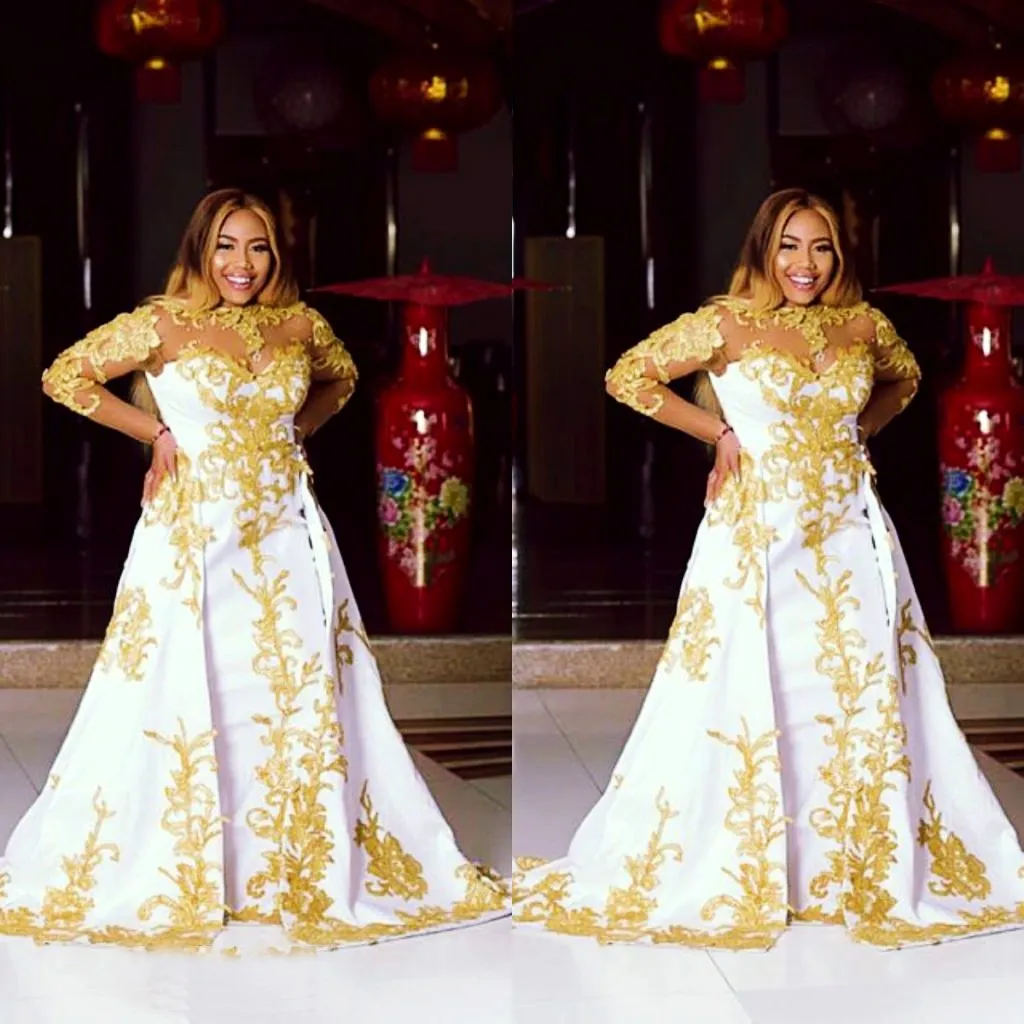 Yeni stil akşam zarif elbiseler uzun illüzyon kolları yüksek beyaz balo elbiseleri altın aplike ile şeffaf boyun özel yapım parti elbisesi