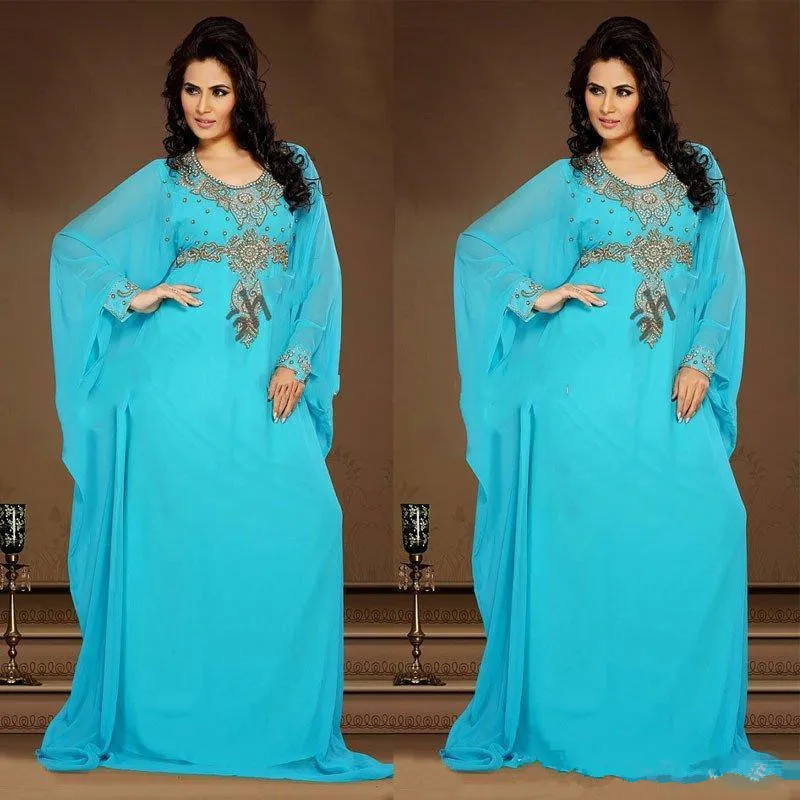 옥 블루 이브닝 가운 시폰 kaftan 두바이 아라비아 드레스 구슬 긴 소매 장착 된 이슬람 무슬림 어머니의 신부 드레스 플러스 사이즈