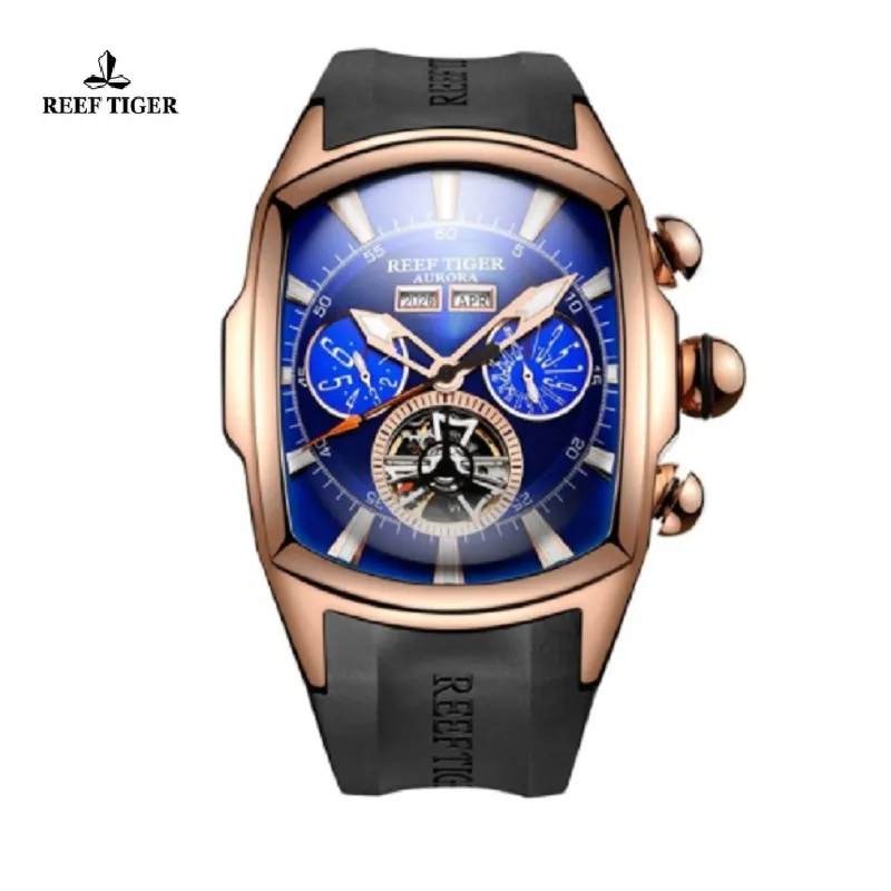 Reef Tiger/RT Grand Cadran Sport Montre pour Hommes Lumineux Affichage Analogique Montres Or Rose Cadran Bleu Montres-Bracelets RGA3069