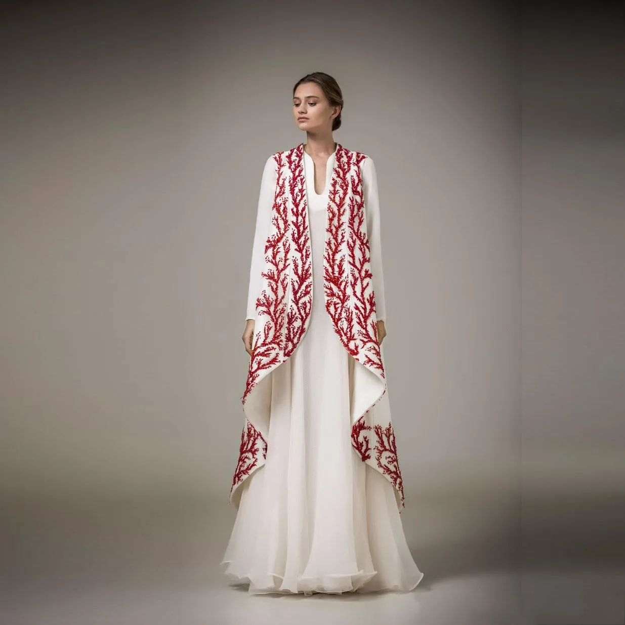 and Red Applique A-Line Embroidered Occasion Dr with Long Sleeves - Ele Formal Wear for Women - Ashi Studio Prom Gown HY355