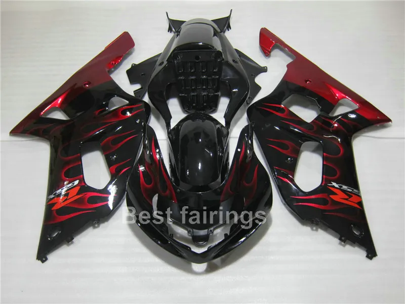 Gratis Custom Fairing Kit för Suzuki GSXR600 GSXR750 2001 2002 2003 Röda Flammor i svart GSXR 600 750 01 02 03 Fairings VV45