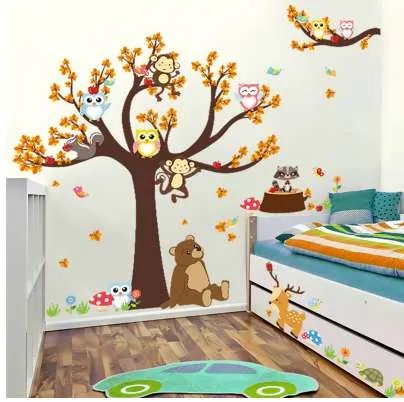 Dessin animé forêt arbre branche animal chouette singe ours d'ours de cerf autocollants pour enfants salles garçons filles enfants chambre décor maison