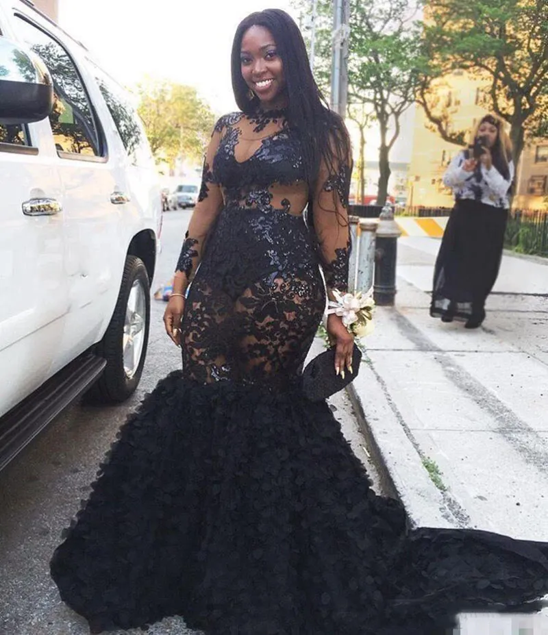 Sexy Illusion Mermaid Evening Prom Dresses Long Sleeves Appliques Sheer Neckline Black Girls Formal Dresses Evening Wear African Plus Size