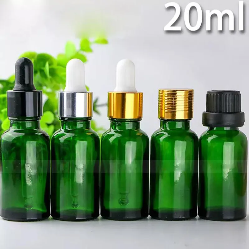 Toptan Yeşil 20 ml Cam Sıvı Şişeler 20 ml Boş Damlalık Yağ Şişeleri Aromaterapi Ambalaj Şişeleri 20 ml Ile 5 Tipi Kapaklar Için satış