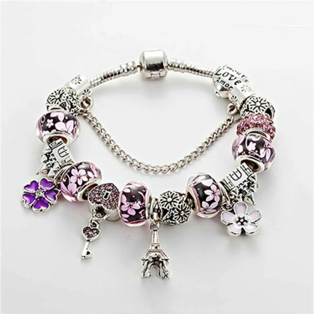 Braccialetti e braccialetti color argento con ciondolo in cristallo rosa per gioielli da donna con perline in argento Braccialetti e braccialetti color argento con ciondolo in cristallo rosa per gioielli da donna con perline in argento